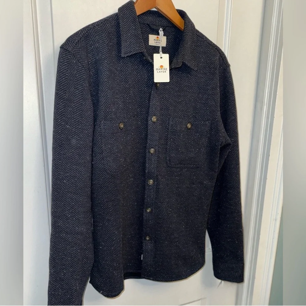 Marine Layer NWT Pacifica Stretch Twill Shirt in Dark Herringbone